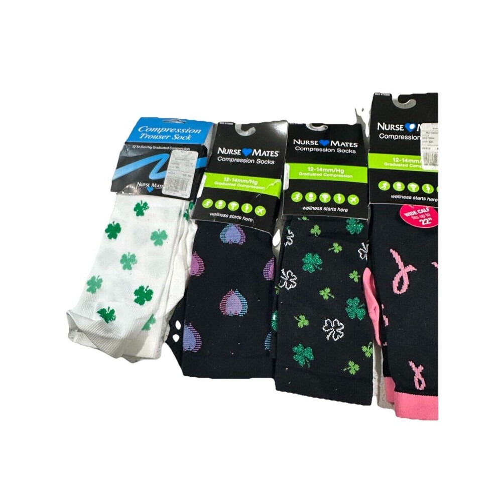 Nursemates Compression Socks 12-14Mm/Hg Size XX Lot 4 Love Shamrocks Ribbons New
